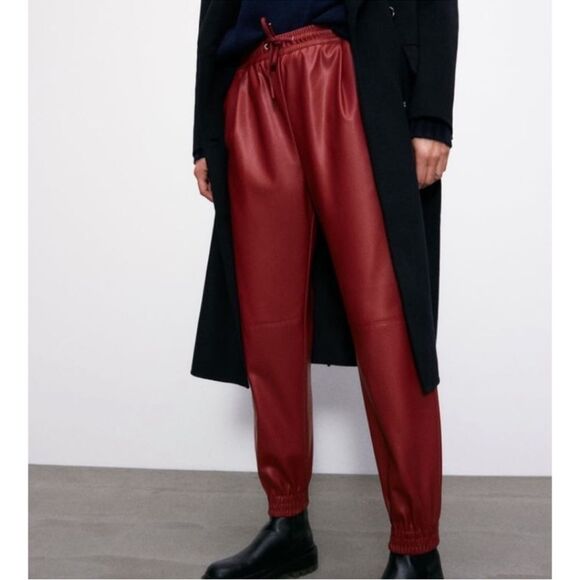 Zara Red High Waisted Faux Leather Pleather Jogger Pants EUC - Picture 2 of 11
